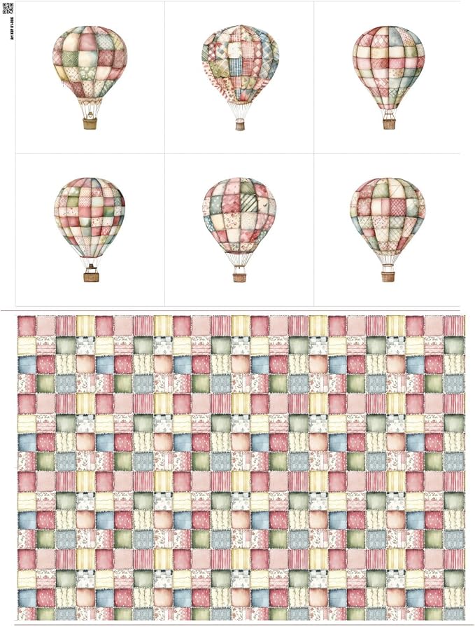 Patchwork Hot Air Balloon Cotton Fabric Panel – 6 Designs (10×10 inch Each) + Bonus Sheet 29.5×19.6 inch, 100% Cotton 140 GSM, Made in Türkiye