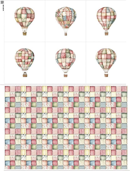 Patchwork Hot Air Balloon Cotton Fabric Panel – 6 Designs (10×10 inch Each) + Bonus Sheet 29.5×19.6 inch, 100% Cotton 140 GSM, Made in Türkiye