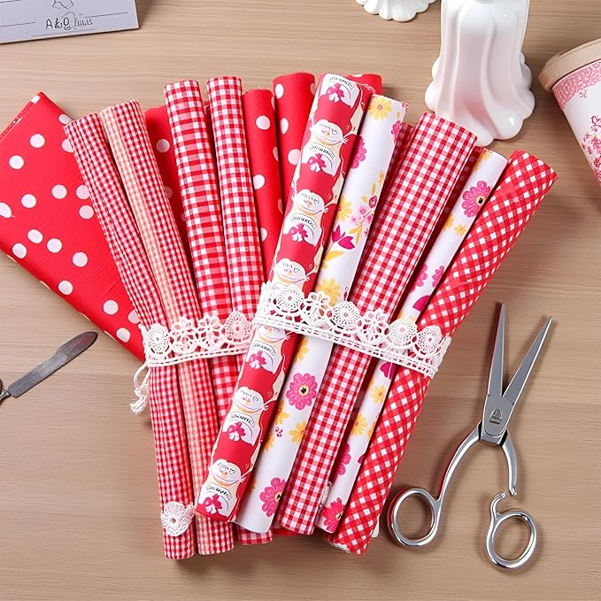 7Pcs Square Shape, Flower, Striped, Polka Dot Cotton Fabric Fabric for Sewing, 25x25cm Cotton Fabric Flower Polka Dot Bundle DIY Patchwork Quilt Cloth,Craft and Hobby Fabric (Red)