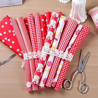 7Pcs Square Shape, Flower, Striped, Polka Dot Cotton Fabric Fabric for Sewing, 25x25cm Cotton Fabric Flower Polka Dot Bundle DIY Patchwork Quilt Cloth,Craft and Hobby Fabric (Red)