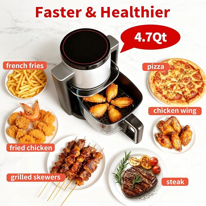 OLIXIS Glass Air Fryer 4.7Qt, Non Toxic Air Fryer with 10 Preset Cook Modes, 395°F Rapid Air Crispy Technology, Roast Bake Dehydrate Reheat, Nonstick & Easy-Clean Basket, 1300W