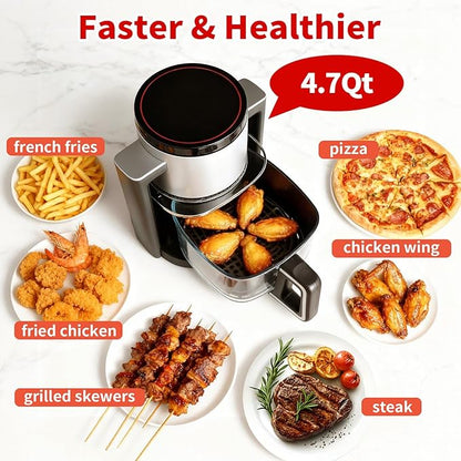 OLIXIS Glass Air Fryer 4.7Qt, Non Toxic Air Fryer with 10 Preset Cook Modes, 395°F Rapid Air Crispy Technology, Roast Bake Dehydrate Reheat, Nonstick & Easy-Clean Basket, 1300W