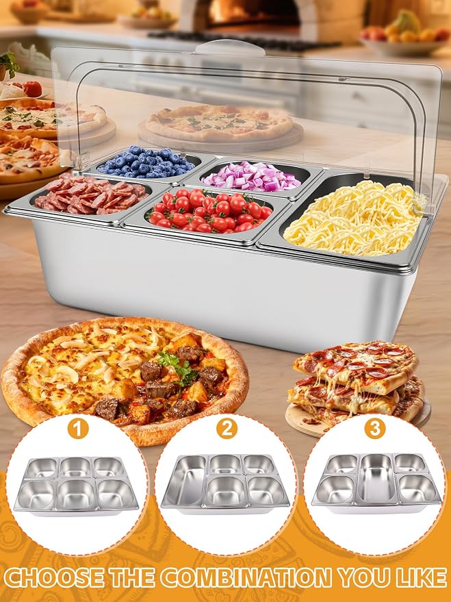 Pizza Topping Station 7 Pans Stainless Steel Spice Organizer Salad Bar Buffet Station with Spoons Ice Boxes Buffet Containers Set for Sauce Jam Ingredient Kitchen Restaurant Pantry