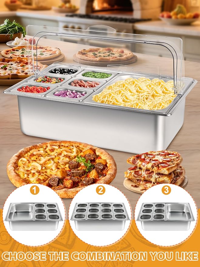 Pizza Topping Station 13 Pans Stainless Steel Spice Organizer Salad Bar Buffet Station with Spoons Ice Boxes Buffet Containers Set for Sauce Jam Ingredient Kitchen Restaurant Pantry