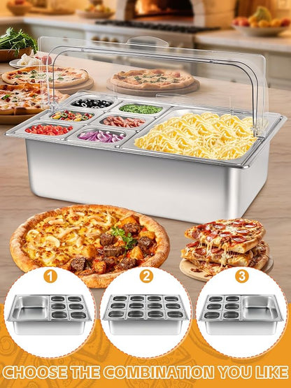 Pizza Topping Station 13 Pans Stainless Steel Spice Organizer Salad Bar Buffet Station with Spoons Ice Boxes Buffet Containers Set for Sauce Jam Ingredient Kitchen Restaurant Pantry
