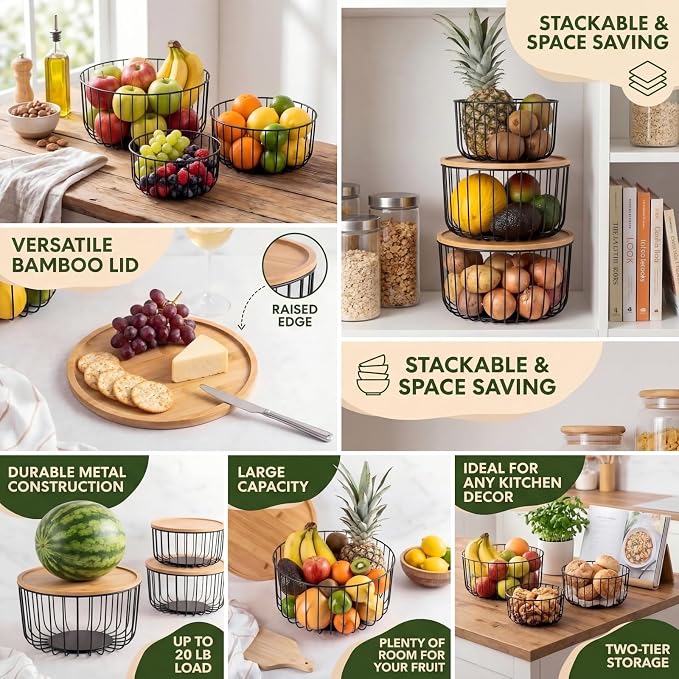 Stackable Fruit Basket for Kitchen Counter, 3-Piece Mesh Fruit Basket Set with Bamboo Lids, Large Decorative Produce & Vegetable Storage Organizer for Countertop