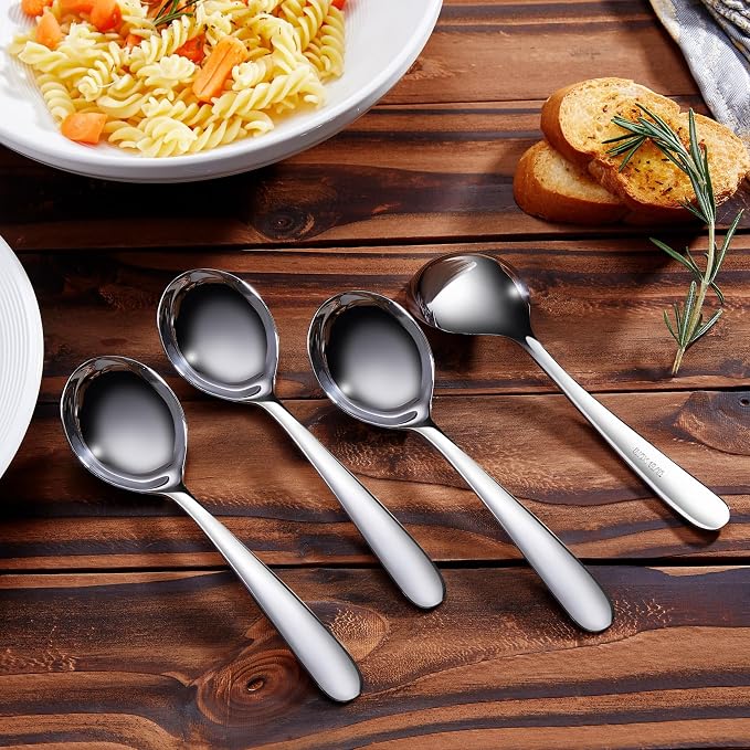 KEAWELL Premium 7.3 Inches Soup Spoons with Hook Handle, Set of 4, 18/10 Stainless Steel, Deep Bowl, Perfect for Ramen, Pho, Miso, Dumplings, Noodles, Wonton, Dishwasher Safe (Round-Handle)
