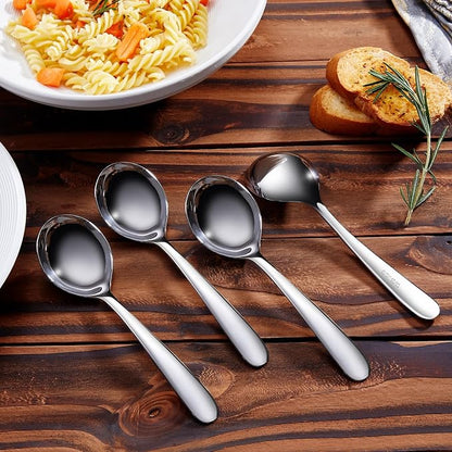 KEAWELL Premium 7.3 Inches Soup Spoons with Hook Handle, Set of 4, 18/10 Stainless Steel, Deep Bowl, Perfect for Ramen, Pho, Miso, Dumplings, Noodles, Wonton, Dishwasher Safe (Round-Handle)