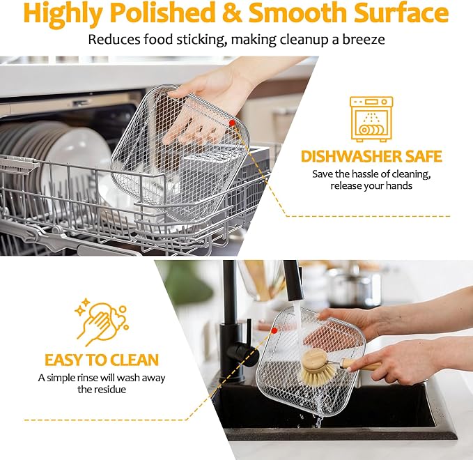 TeamFar Square Air Fryer Rack, 7.72" Stainless Steel Stackable Air Fryer Basket Accessories for Frying Roasting Baking, 3pcs Dehydrator Rack with Silicone Feet & Clip, Oven & Dishwasher Safe