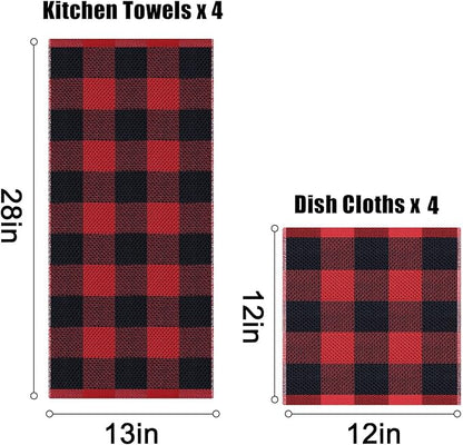 Homaxy Kitchen Towels and Dishcloths Set, 12 x 12 and 13 x 28 Inches, Set of 8 100% Cotton Waffle Weave Check Plaid Kitchen Dish Towels, Super Soft and Absorbent Dish Cloths, Black & Red