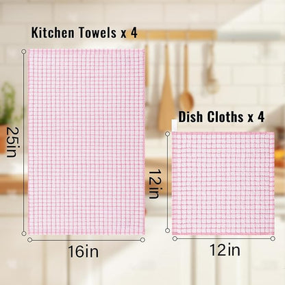 Homaxy Kitchen Towels and Dishcloths Set, 16 x 25 and 12 x 12 Inches, Set of 12 Cotton Terry Kitchen Dish Towels, Super Soft and Absorbent Dish Cloths, Pink