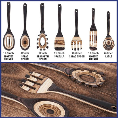MYRAINBOW Wooden Spoons for Cooking, 7 Piece Pakkawood Kitchen Utensils Set with Spatulas, Spoons, Ladles, and Turner for Mixing, Serving & Cooking
