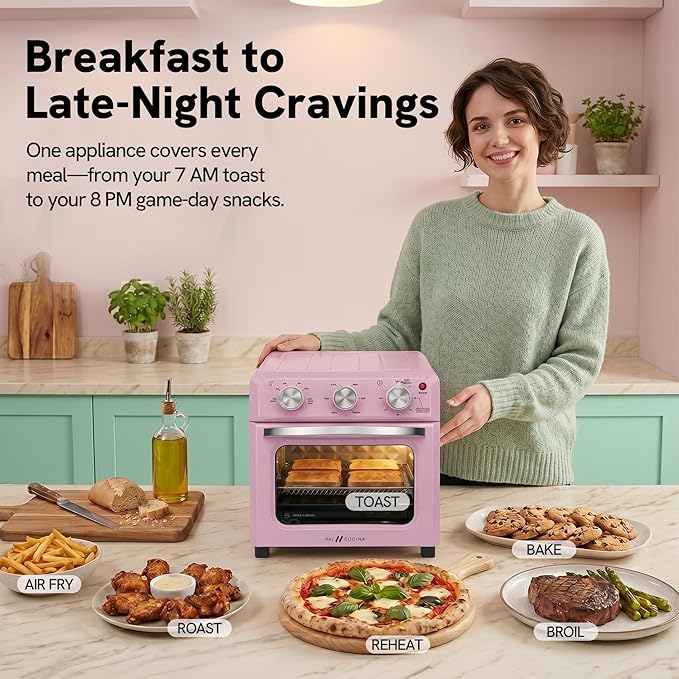 VAL CUCINA 6-in-1 Retro Air Fryer Toaster Oven Combo, Compact 12.7 QT Small Countertop Convection Oven, Fits 9" Pizza & 4 Toast, Hexagon Hybrid Heating, Enamel Baking Pan Included, Pink Color