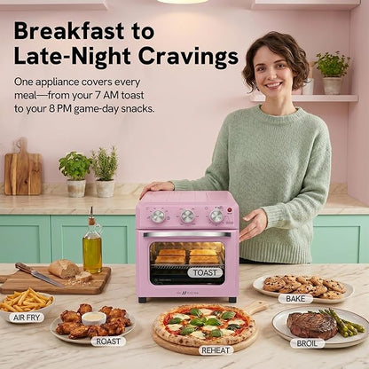 VAL CUCINA 6-in-1 Retro Air Fryer Toaster Oven Combo, Compact 12.7 QT Small Countertop Convection Oven, Fits 9" Pizza & 4 Toast, Hexagon Hybrid Heating, Enamel Baking Pan Included, Pink Color
