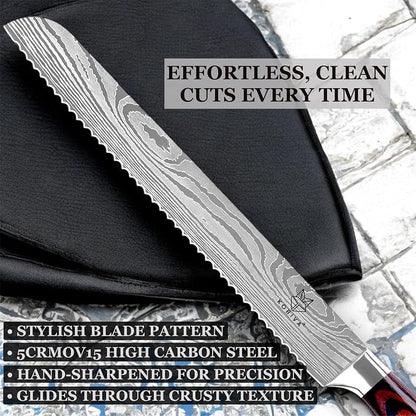 Premium 10-inch Serrated Bread Knife | Razor Sharp Cutter for Homemade Bread, Sourdough & Cake | Elegant Kitchen Essential for Effortless Slicing, Damascus Steel Lasered Pattern | Kitchen Gifts