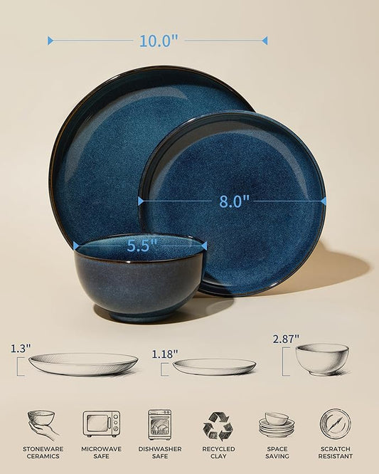 Pokini 24 Piece Dinnerware Sets for 8, Modern Stoneware Plates and Bowls Setst, Perfect for Family Gatherings & Holiday Celebrations, Easy Cleaning Dishes Set, Stack Compactly Dishware, Starry Blue