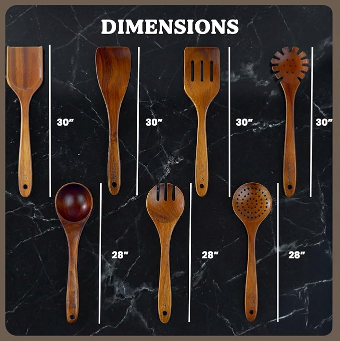 7Pcs Wooden Kitchen Utensil Set, Premium Natural Acacia Wood Cooking Utensils for Nonstick Cookware, Spoon Spatula Turner Ladle Skimmer Pasta Server, BPA Free