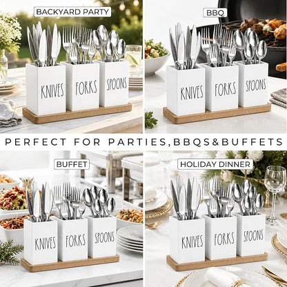 Farmhouse Silverware Holder, Rustic Wood Silverware Caddy with Tray, Spoon Fork Knives Flatware Dispenser, Utensil Countertop Organizer, Plastic Cutlery Holder for Kitchen Party (White)