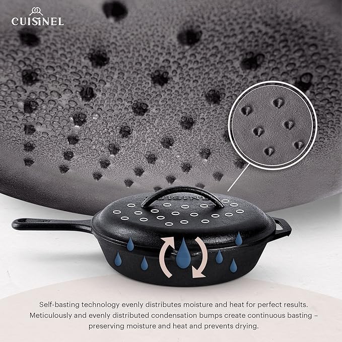 Cuisinel Cast Iron Skillet with Lid - 10"-inch Pre-Seasoned Covered Frying Pan Set + Silicone Handle and Lid Holders + Scraper/Cleaner - Use Indoor/Outdoor, Oven, Stove, BBQ, Fire, Grill Cookware