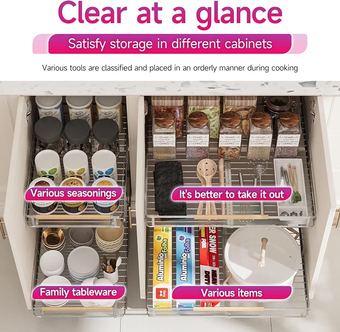 SUZLON Pull Out Cabinet Organizer, Expandable(10.2""~16.4"") Cabinet Drawers Slide Out, Adjustable Width Roll 0ut Shelf Cabinet Organizer for Kitchen Base Cabinet Organization (Small, 2Pack)