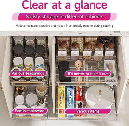 SUZLON Pull Out Cabinet Organizer, Expandable(10.2""~16.4"") Cabinet Drawers Slide Out, Adjustable Width Roll 0ut Shelf Cabinet Organizer for Kitchen Base Cabinet Organization (Small, 2Pack)