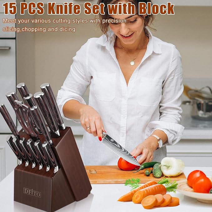 Dfito Kitchen Knife Set, 15 Pieces Knife Set with Block and Sharpener, High Carbon Stainless Steel Chef Knives Set with Red Pakkawood Handle for Home Cooking, Dishwasher Safe