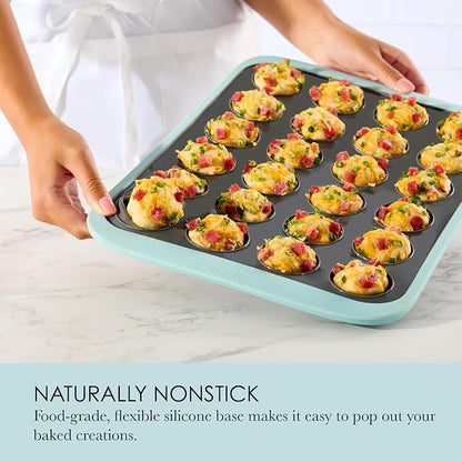 Chicago Metallic Silicone Mini Muffin Pan 24 Cup, Nonstick Cupcake Pan with Wire-Reinforced Rim, Oven Safe Flexible Baking Mold for Muffins, Egg Bites, and More, Blue, 14.6 x 10 Inches