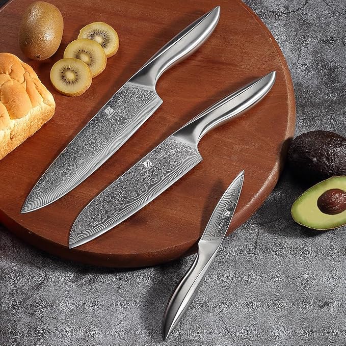 3 PCS Damascus Chef Knife Set, Ultra-Smooth Cutting Experience and Professional Grade Sharp, Kitchen Knife Set,Handle Ergonomic Design,9CR18MOV High Carbon Stainless Steel,Dishwasher Safe