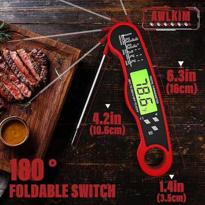 AWLKIM Meat Thermometer Digital - Instant Read Waterproof Food Thermometer with Backlight for Cooking, Grill, Candy, Kitchen & Stocking Stuffers for Men - Red