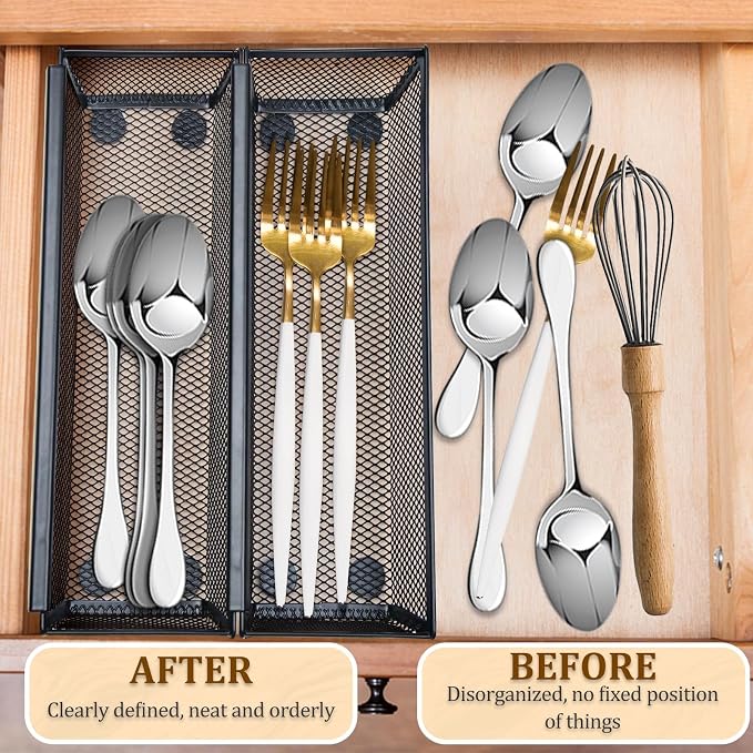 4PCS Drawer Organizer for Kitchen,Utensil Mesh Drawer Organizer with Interlocking Arm for Cosmetic,Flatware,Pen (9 * 3 * 2 Inches,Black)