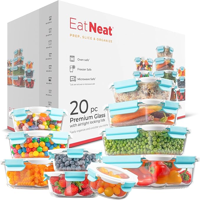 EatNeat Glass Food Storage Containers with Airtight Locking Lids – Durable & Sleek – Oven-to-Table, Microwave, Freezer & Dishwasher Safe – Includes Large, Medium & Small Sizes – Giftable 10-Pack Set