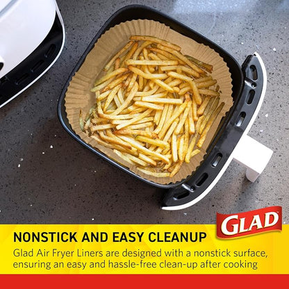 Glad Air Fryer Liners with Raised Walls, Nonstick Parchment, Heat Resistant to 446 Degrees F, Food-Grade, Rounded Square Shape, Fits Square and Round Air Fryers, 7.9", 100 Count