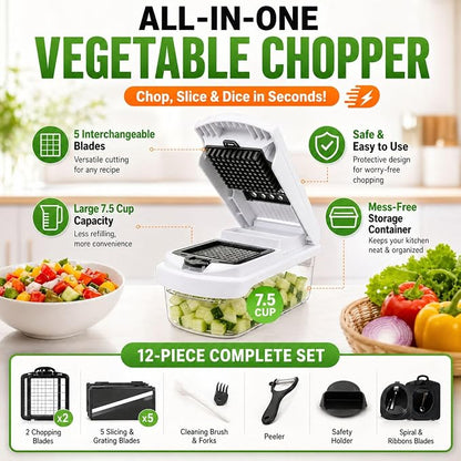 12-in-1 Vegetable Chopper with Container – Mandoline Slicer, Onion Chopper, Food Chopper, Cheese Grater & French Fry Cutter – Multifunctional Kitchen Gadget with 8 Blades, Egg Separator & Peeler