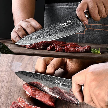 aisyoko Damascus chef knife 8-inch sharp kitchen knife Japan VG-10 stainless steel ergonomic color wooden handle luxury gift box - with scabbard