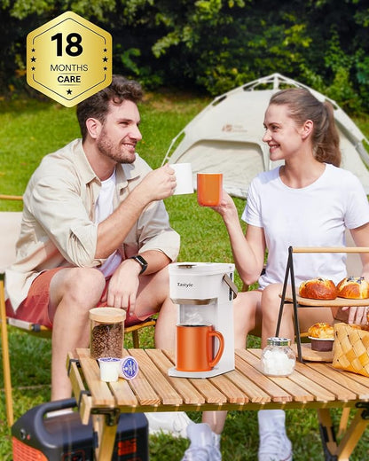 Tastyle Single Serve One Cup Coffee Maker, for K Cups and Grounds, Mini Coffee Maker with Portable Handle, 6 to 12 Oz Brew Size, for Travel, Camping, Office, RV and Dorm, 120V, White and Brown
