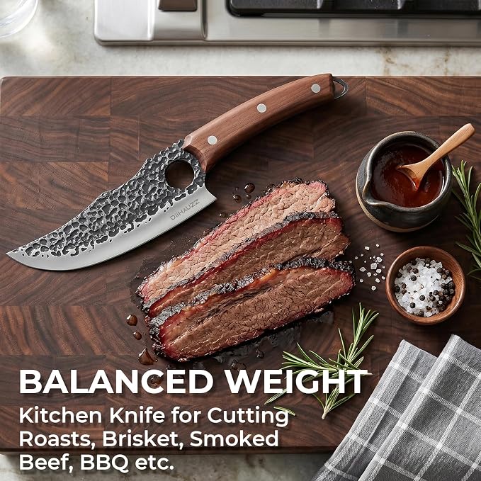 DiiHAUZZ Viking Chef Knife, 6 Inch Hand Forged High Carbon Steel - Ultra Sharp Butcher Boning Knife for BBQ Prep, Meat Cutting and Camping with Leather Sheath, Gifts for Men