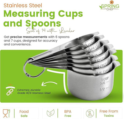Spring Chef Stainless Steel Measuring Cups and Spoons Set of 14 with Leveler, Nesting Kitchen Metal Measuring Cups and Spoons Set for Dry and Liquid Ingredients, Perfect for Cooking & Baking