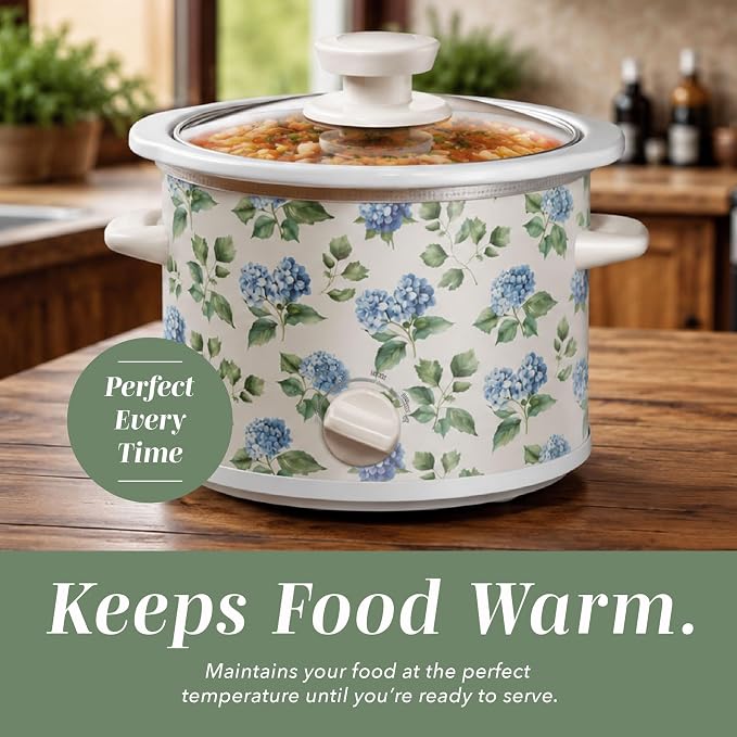 COOK WITH COLOR 2QT Mini Electric Round Slow Cooker - Adjustable Settings, Removable Stoneware Pot, Tempered Glass Lid, Dishwasher Safe, Cool-Touch Side Handles, Floral Blue/Green