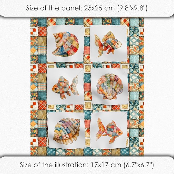 Patchwork Fish Cotton Fabric Panel – 6 Designs (10×10 inch Each) + Bonus Sheet 29.5×19.6 inch, 100% Cotton 140 GSM, Made in Türkiye