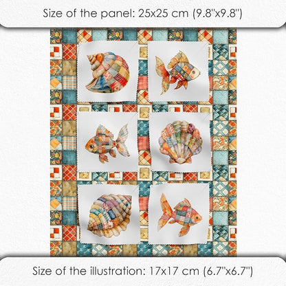 Patchwork Fish Cotton Fabric Panel – 6 Designs (10×10 inch Each) + Bonus Sheet 29.5×19.6 inch, 100% Cotton 140 GSM, Made in Türkiye