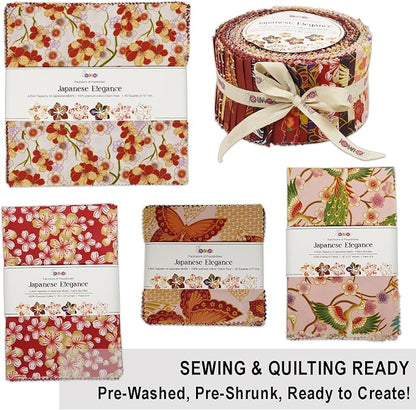 Soimoi 40 Pcs 5 x 5 inches Quilting Fabric Bundles Precut, DIY Cotton Fabric Squares, Printed Layer Cakes Patchwork Materials for Crafts Cloths Decor,Charm Squares for Quilts,Sewing- Japanese Elegance
