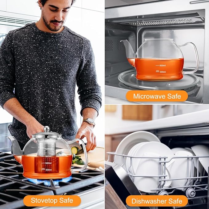 STNTUS Glass Teapot, 52 oz/1500 ml for Loose Tea, Teapot with Infusers for Loose Tea, Stainless Steel Strainer, Tea Pot for Stove