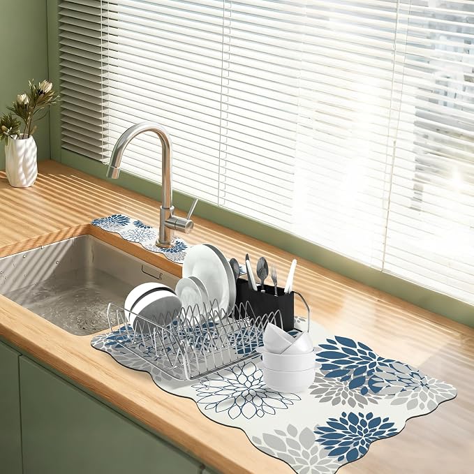Baccessor 2PCS Dahlia Pinnata Flower Scalloped Dish Drying Mat and Sink Splash Guard,Super Absorbent Cuttable Kitchen Counter Mat Rubber Backing Drying Kitchen Mat Kitchen Accessories 16"x24"+21"x5.5"