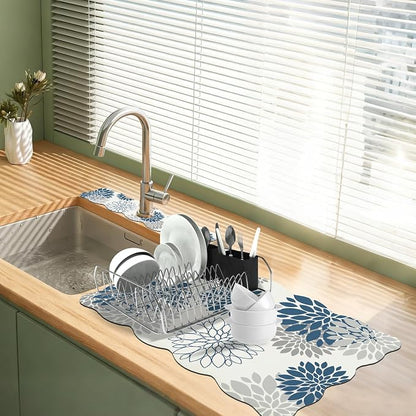 Baccessor 2PCS Dahlia Pinnata Flower Scalloped Dish Drying Mat and Sink Splash Guard,Super Absorbent Cuttable Kitchen Counter Mat Rubber Backing Drying Kitchen Mat Kitchen Accessories 16"x24"+21"x5.5"