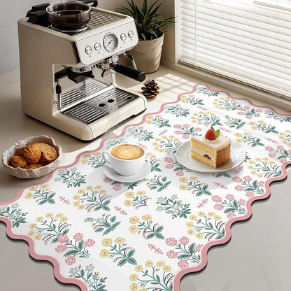 LOKHOM Scalloped Floral Dish Drying Mat, 17"x32" Super Absorbent Coffee Mat with Unique Pink Pastoral Floral, Cuttable Hide Stain Non-slip Drying Mat for Kitchen Counter Coffee Maker Espresso Machine