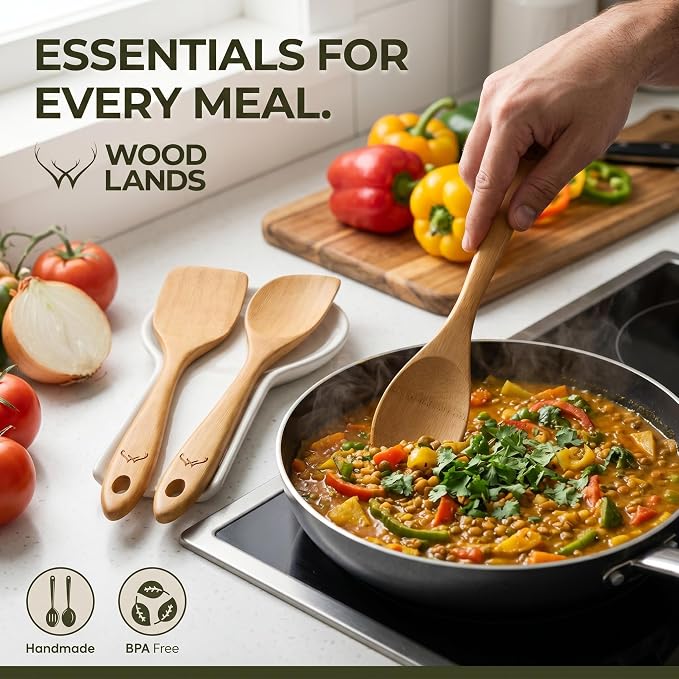 Prime Bamboo Wooden Spoons for Cooking Set of 3 Pcs – Wooden Cooking Utensils with Long Handle, Includes Flat Wood Spoon, Bamboo Spatula, and Slotted Spoon for Kitchen Utensils Set