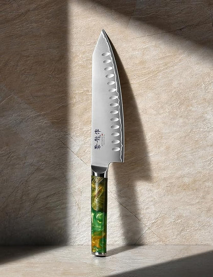 Japanese Chef Knife with SG2 Powder Steel, 8 Inch Professional Kitchen Knives, Handcrafted Kiritsuke Knife with Unique Jade Green Ergonomic Handle, Superior Edge Retention & Exceptional Durability