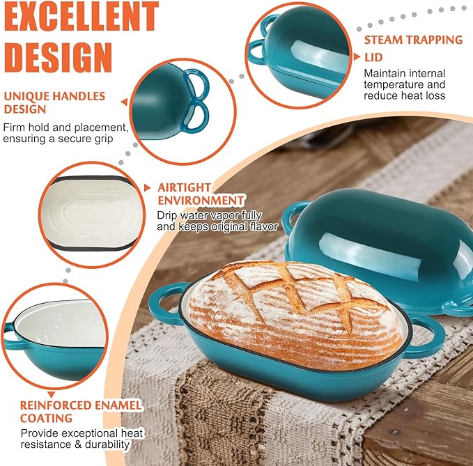 Enameled Cast Iron Oval Dutch Oven Pot with Lid, 5 QT Dutch Oven for Sourdough Bread Baking, Bread Loaf Pan with Lid & Bread Oven (Blue-Green)