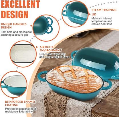 Enameled Cast Iron Oval Dutch Oven Pot with Lid, 5 QT Dutch Oven for Sourdough Bread Baking, Bread Loaf Pan with Lid & Bread Oven (Blue-Green)