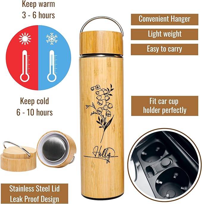 Bamboo Water Tumbler Personalize Travel Mug Custom Engraved Tea Tumbler with Infuser Wooden Bottle Birthday Gift Flower for Tea Lover, Mom, Women Tea Infuser (BB006-B, 15 oz)